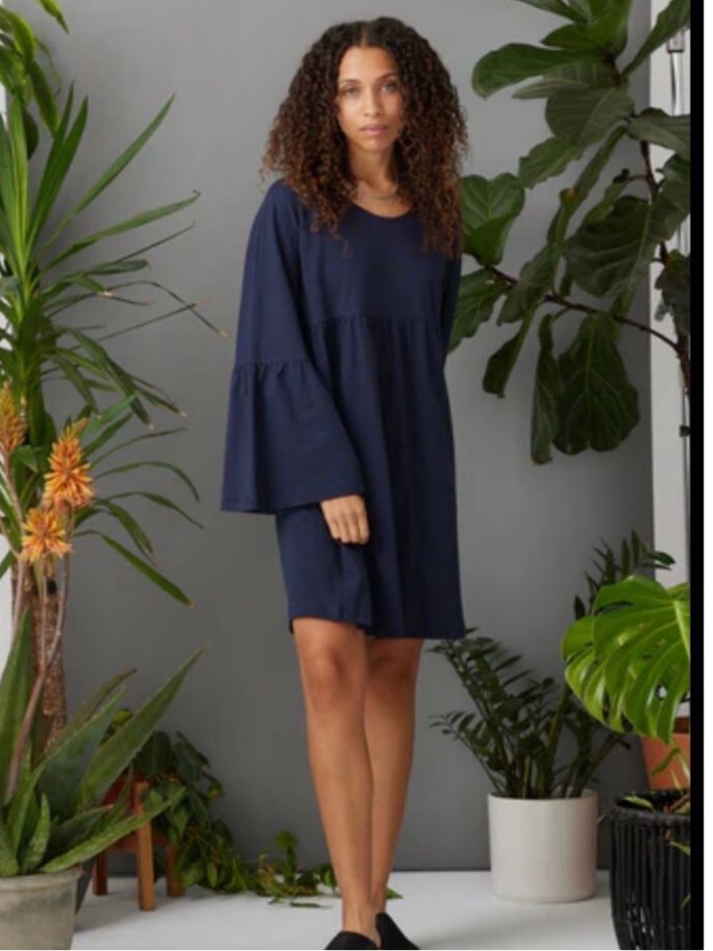 Known Supply Miller Cotton Dark Blue Long-Sleeve Bell-Sleeve Dress